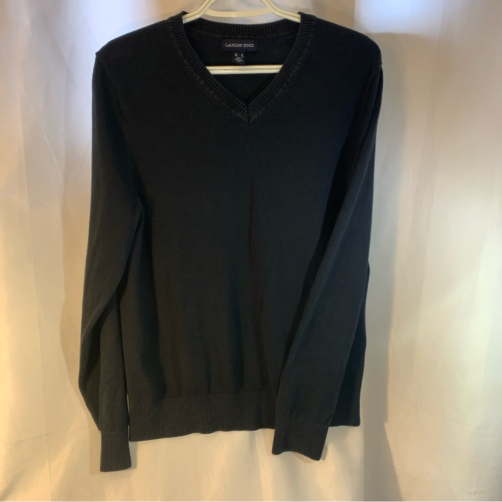 Lands' End Men's Medium Black V-Neck Sweater Cotton Modal